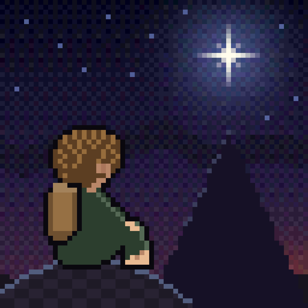 Samwise looking up at a bright star in the night sky